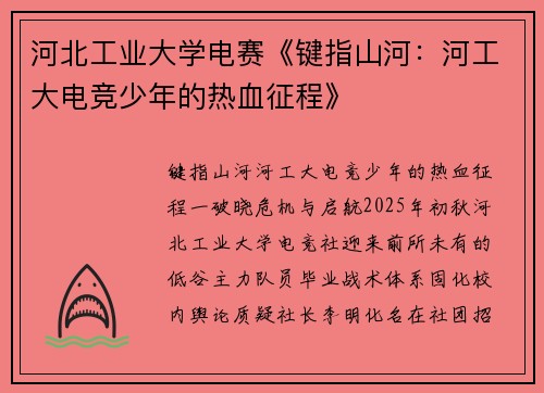 河北工业大学电赛《键指山河：河工大电竞少年的热血征程》